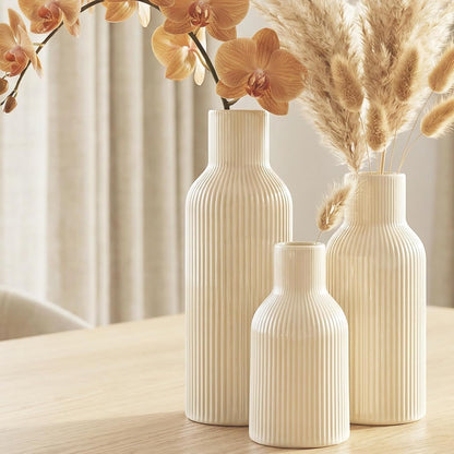 White Ceramic Flower Vases Set of 3, Modern Matte Vertical Ribbed, Nordic Minimalist Decor for Pampas, Dried & Fresh Flowers, Centerpiece for Living Room, Shelf, Entryway, Wedding,Office