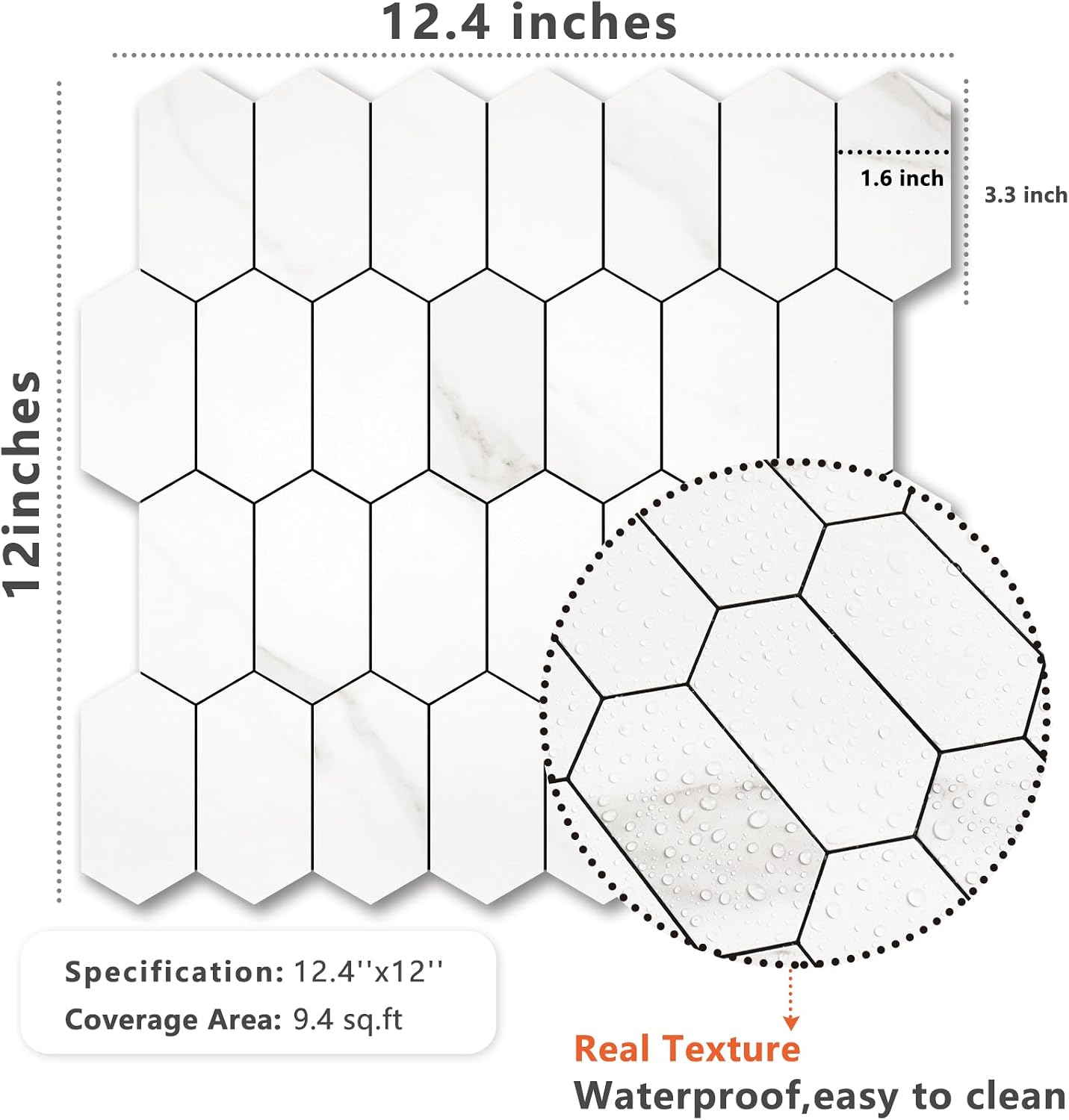 Vamos Tile Long Hexagon Peel and Stick Backsplash Tile - 10 Sheets Stick on Backsplash for Kitchen and Bathroom 12.4 x 12 Inch Glossy Wood Grain PVC Self Adhesive Mosaic Wall Tiles