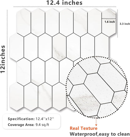 Vamos Tile Long Hexagon Peel and Stick Backsplash Tile - 10 Sheets Stick on Backsplash for Kitchen and Bathroom 12.4 x 12 Inch Glossy Wood Grain PVC Self Adhesive Mosaic Wall Tiles