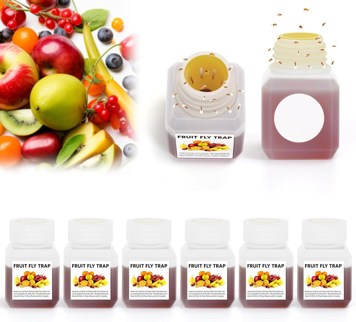 Fruit Fly Traps for Indoors, 8 Pack Gnat Traps for House Indoor, Effective Flying Insect Drain Fly Killer Catcher Refill 0.68oz/Bottle, Reusable Kid & Pet Friendly Lure Bait Liquid for Home Kitchen