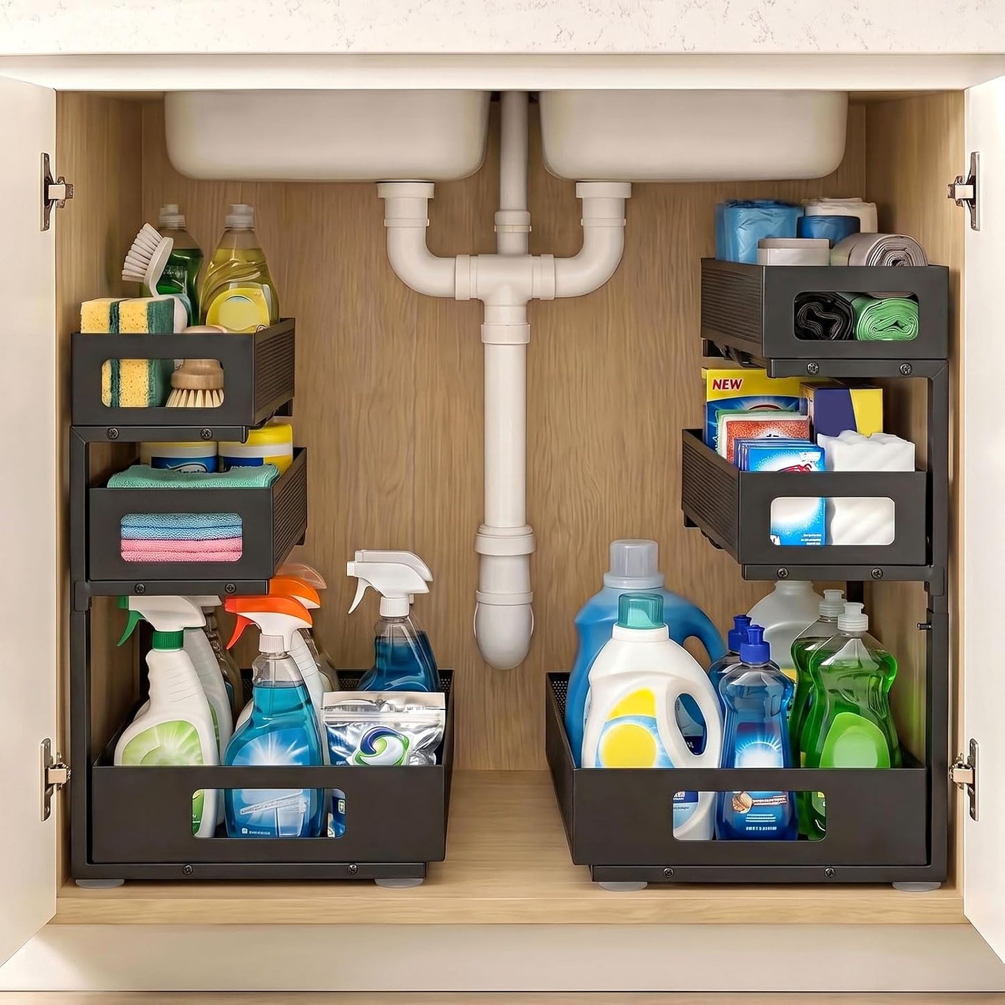 3 Tier Under Sink Organizer,2 Pack Pull Out Cabinet Shelves with Adjustable Height,Heavy Duty Carbon Steel L-Shaped Storage for Kitchen Bathroom Sink,Pantry & Laundry,White