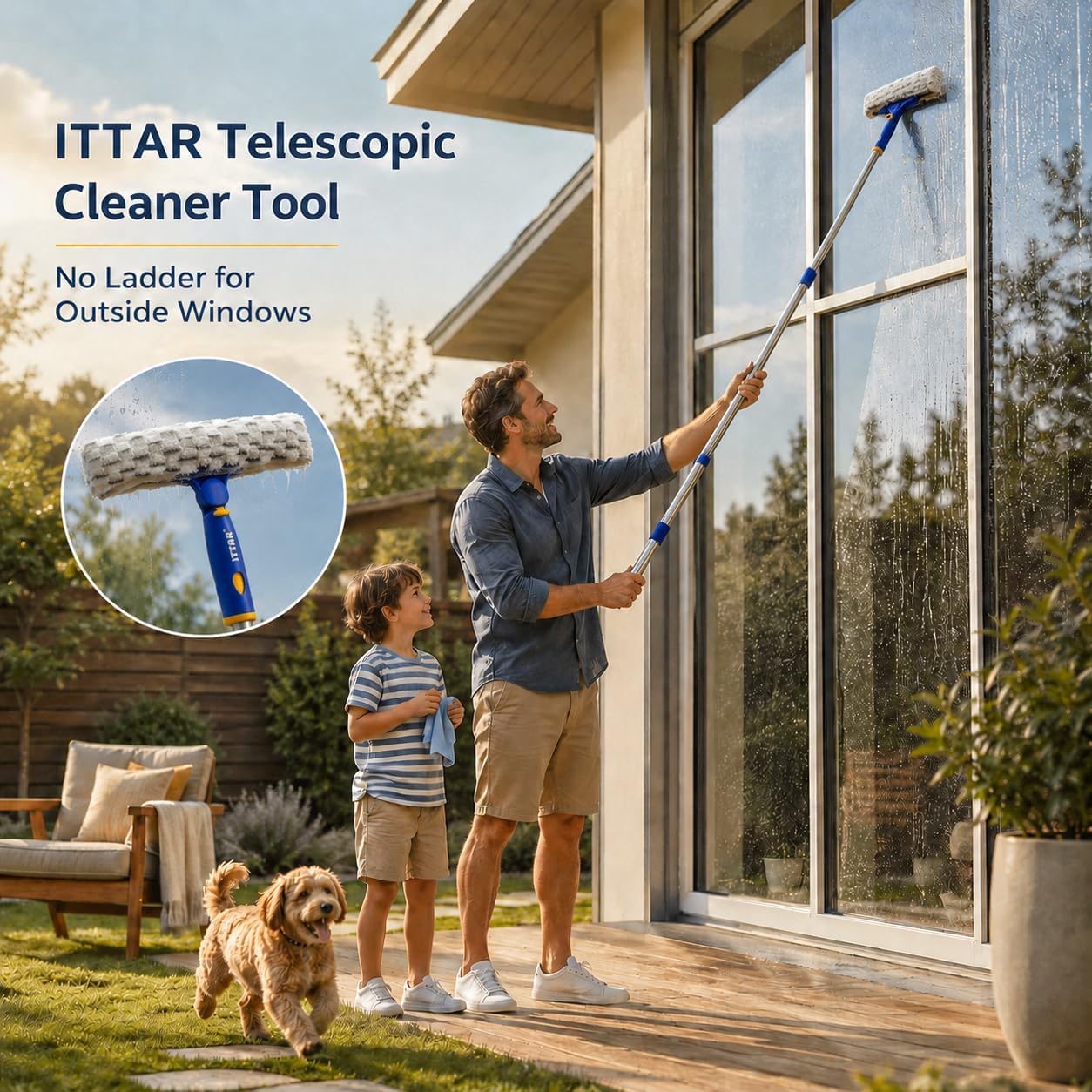 ITTAR Window Squeegee Cleaning Kit with 60" Extension Pole, Rotatable Glass Cleaner Tool 12" Rubber Blade & 2 Microfiber Pads, Window Washing Equipment for High Windows, Shower Doors, Car Windshield