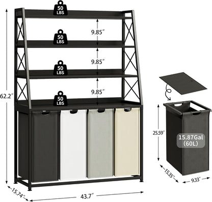 Herture Laundry Basket, 3 Section Laundry Hamper with 4 Tiers Shelf, Pull-Out and Removable Laundry Bags, Large 3 x 15.87 Gallons, for Laundry Room Bathroom Rustic Brown PF05XLN