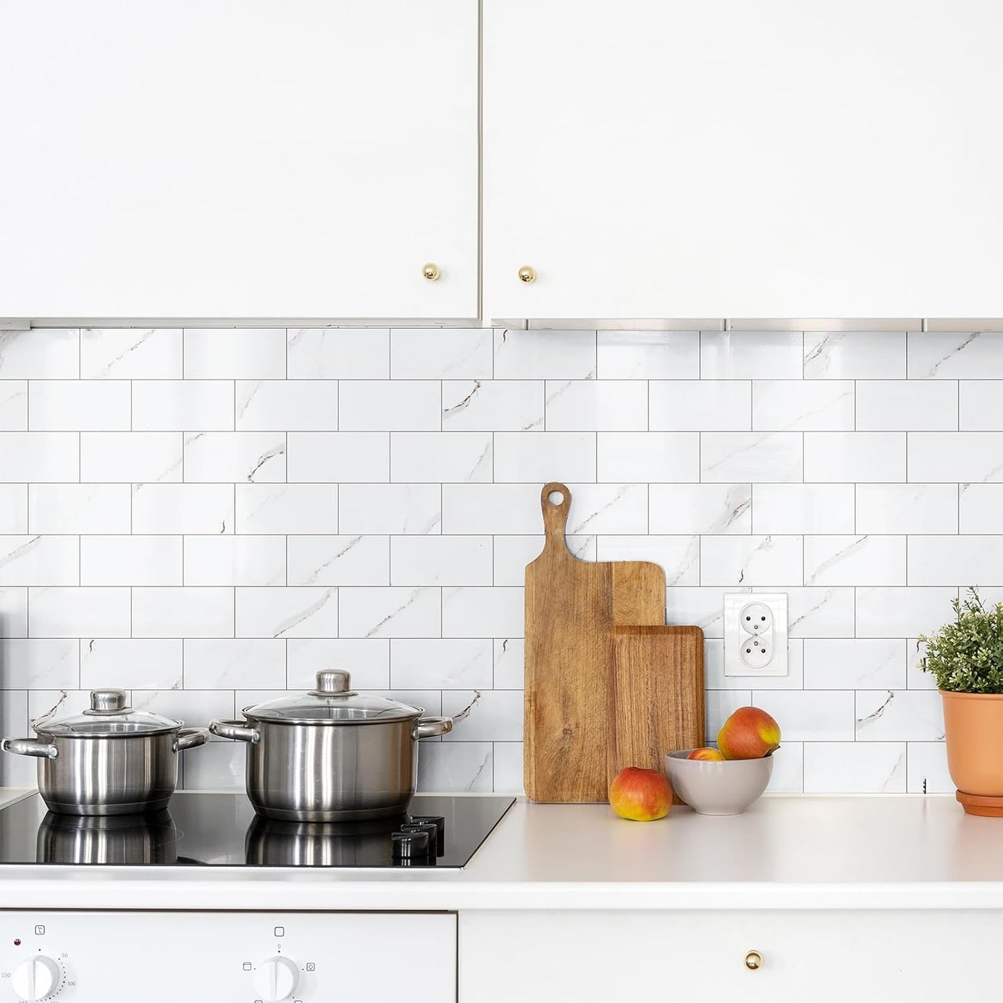 StyloVue 100 Pieces Peel and Stick Backsplash for Kitchen, 3" x 6" PVC Subway Tile, Glossy White with Dark Gray Grout, Self Adhesive Stick on Wall Tiles for Kitchen, Bathroom, Fireplace, RV
