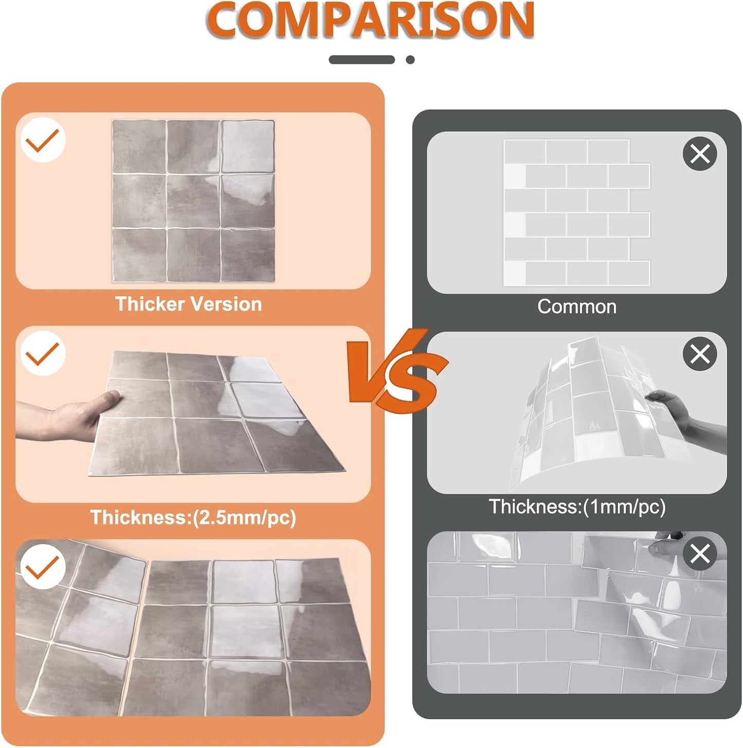 10 Sheet Thicker Peel and Stick Backsplash Tile, 12"x12" 3D Self Adhesive Square Mosaic Subway Checkered Vinyl Backsplash Stick on Wall Tiles for Bathroom, Kitchen, Living Room (10, Orange)