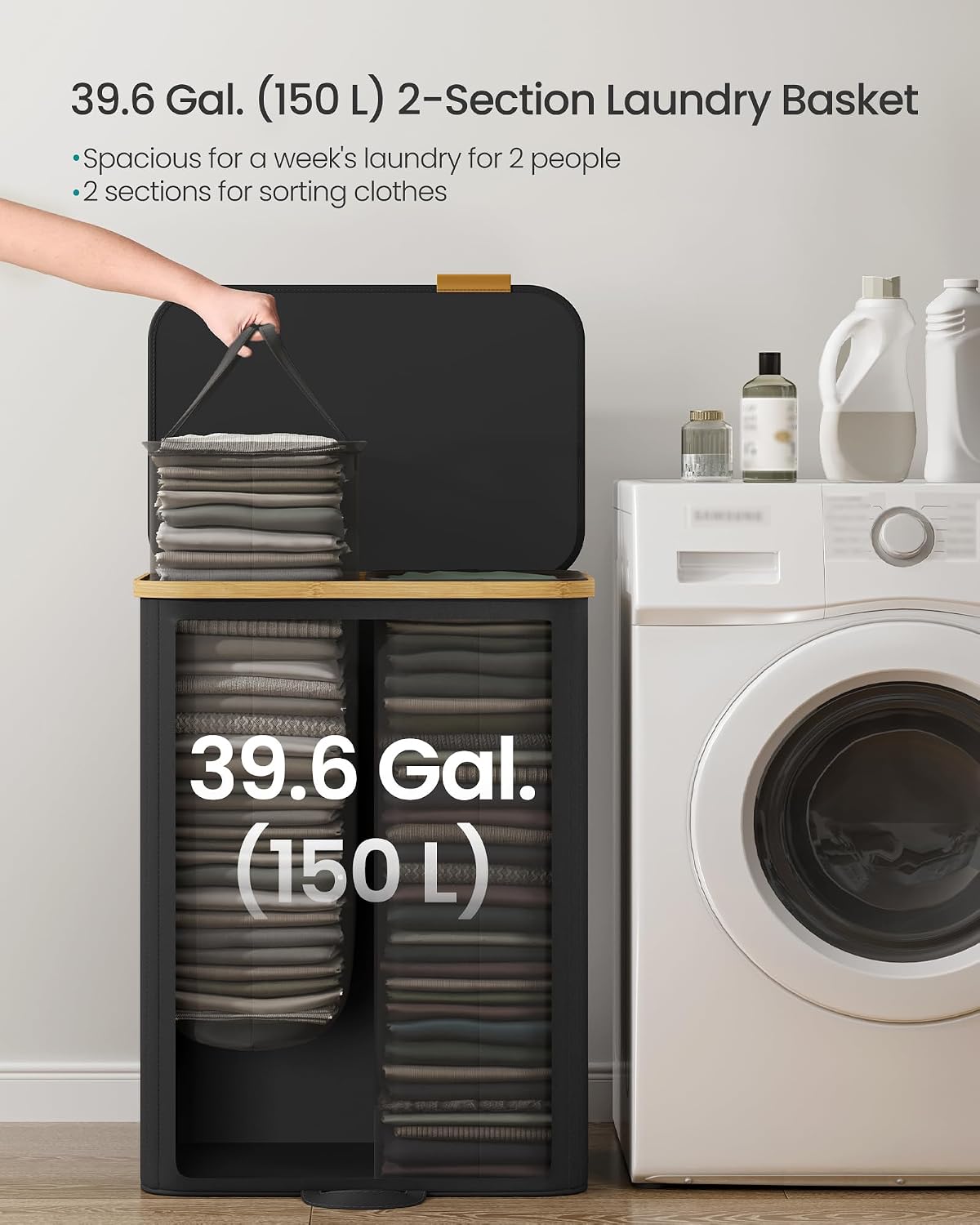 SONGMICS Laundry Hamper, Laundry Sorter with Lid, Storage Basket Bin, Removable Liners, Bamboo Frame, for Bedroom, 3 Sections, 44.9 Gal. (170 L), Ink Black ULCB533BH01