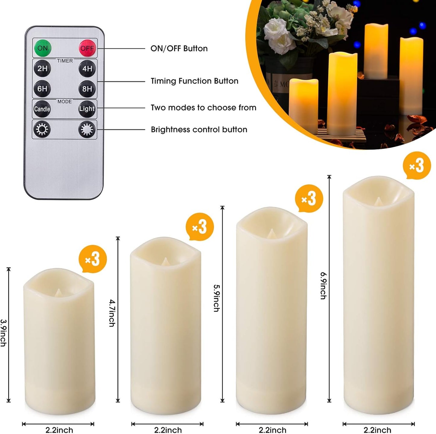 Enpornk Flameless Battery Operated Outdoor Waterproof Set of 12(D: 3" x H: 3" 4" 5" 6") Pillar LED Candles with 10-Key Remote and Cycling 24 Hours Timer