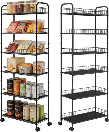 10in 6-Tier Slim Storage Cart with Wheels, Metal 10in Wide Black Narrow Rolling Shelf, Sturdy Slim Storage with Hooks Ideal for Kitchen, Bathroom, and Laundry Room