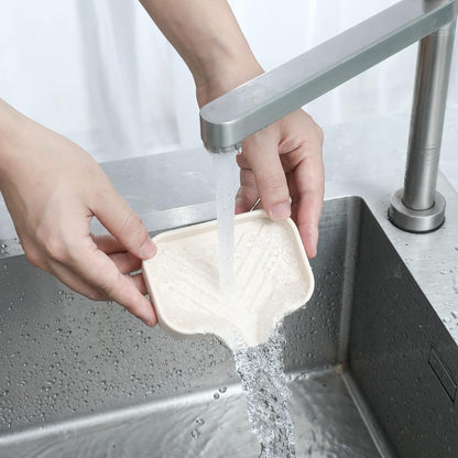 MicoYang Silicone Soap Dish with Drain Spout, Self-Draining Sink Organizer Tray for Bathroom and Kitchen, Sponges, Dispensers and Soap Holder, Non-Slip & Dishwasher Safe, Tapioca (Compact, 4.9"×3.2")