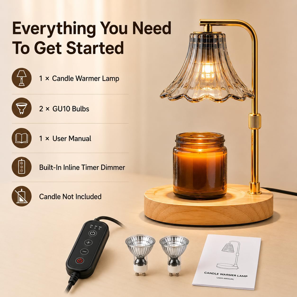 Candle Warmer Lamp with Timer, Dimmer, Vintage Glass Shade | Adjustable height, 2/4/8-hour timer, wood base, 2 bulbs included