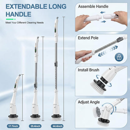 Electric Spin Scrubber, Power Cleaning Brush with 3 Speed Modes LED Light, 7 Replaceable Heads Cordless Shower Scrubber, Long Handle Extendable Scrubber for Bathroom, Floor, Tub, Tile, Grout