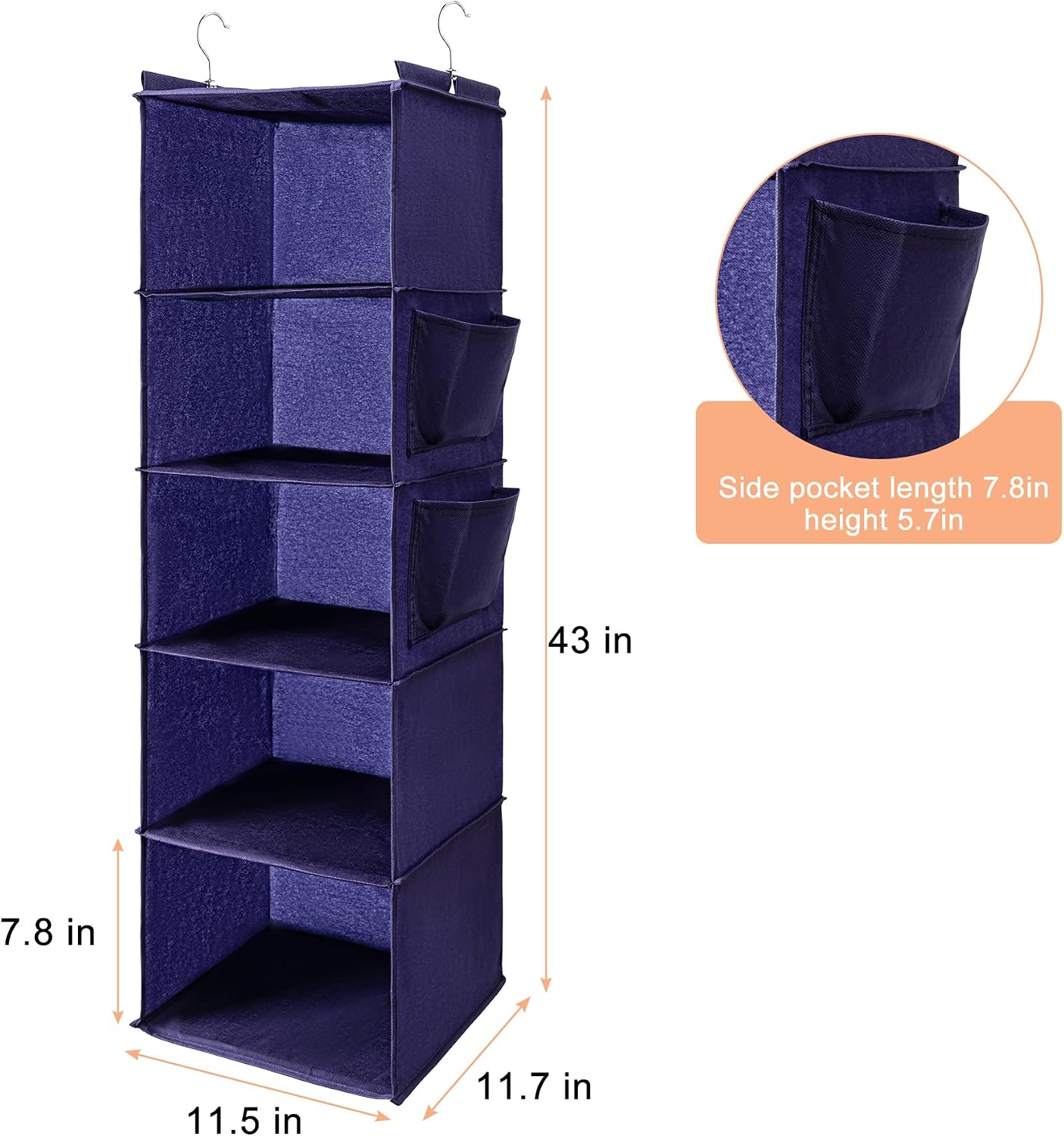 BOOMIBOO Hanging Closet Organize and Shelves，5-Hanging Shelf with 2 Side Pockets，Storage Foldable （Grey）