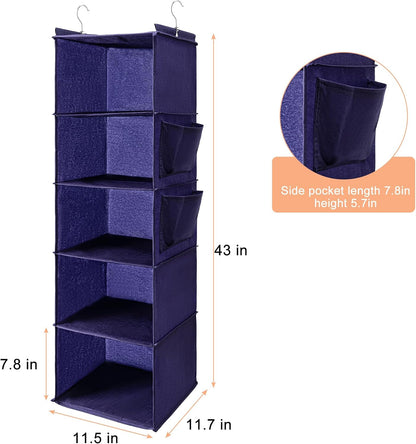 BOOMIBOO Hanging Closet Organize and Shelves，5-Hanging Shelf with 2 Side Pockets，Storage Foldable （Grey）