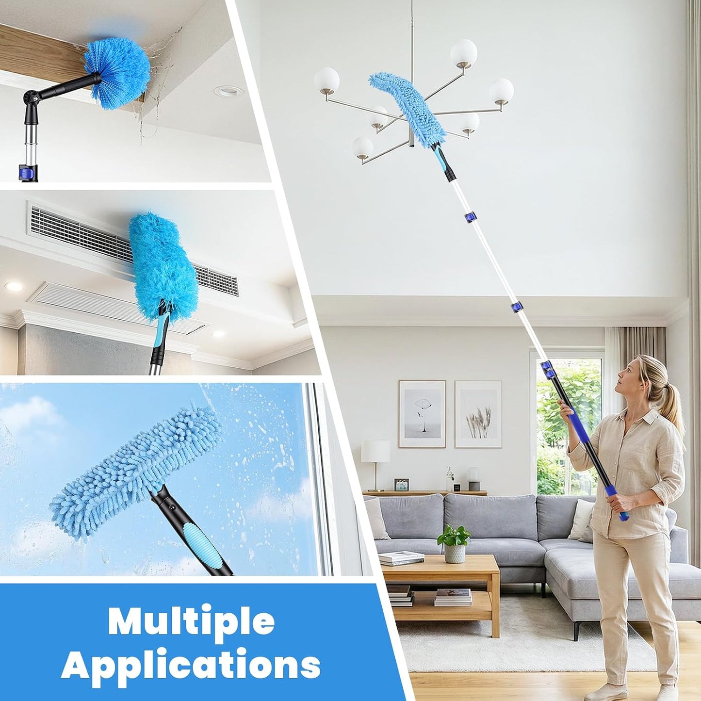 20ft High Reach Extendable Duster Kit with 5-12ft Extension Pole - Ceiling Fan Blade Cleaner, Spider Web Brush Cobweb Remover, Window Squeegee Kit with Telescoping Wand, Extended Extra Long Handle