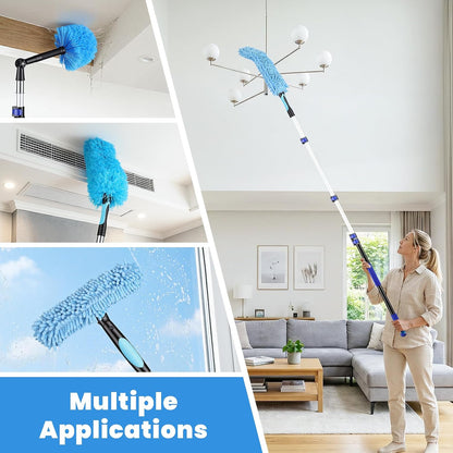 20ft High Reach Extendable Duster Kit with 5-12ft Extension Pole - Ceiling Fan Blade Cleaner, Spider Web Brush Cobweb Remover, Window Squeegee Kit with Telescoping Wand, Extended Extra Long Handle