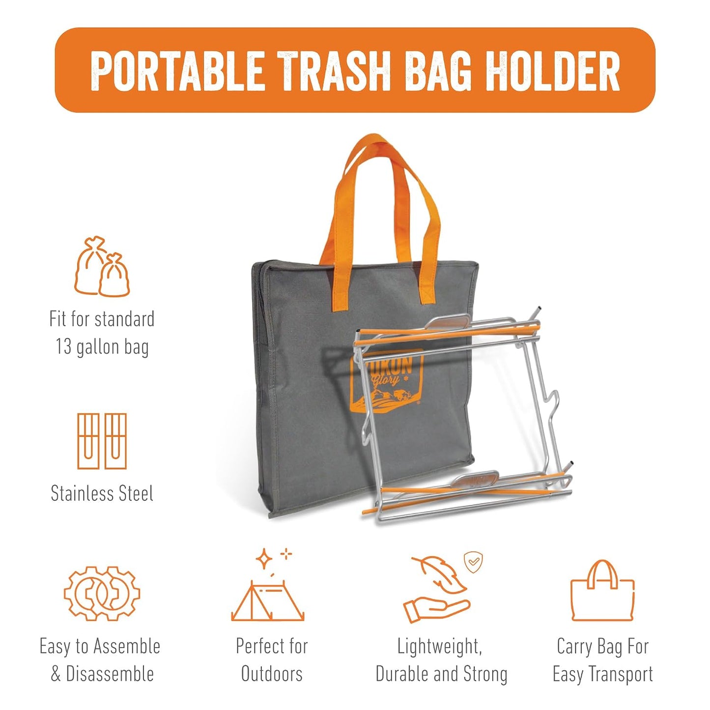 Yukon Glory Collapsible Trash Bag Holder & Portable Trash Can Stand, Stainless Steel, Holds 13 Gallon Bags, Folds Into Its Own Carry Bag, for Camping, Tailgating & Outdoor Cleanup