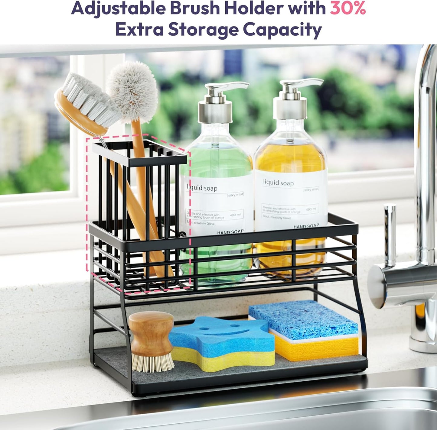 SWTYMIKI Sponge Holder for Kitchen Sink - Sink Caddy with Brush Holder and Stainless Steel Self Drain Tray, Sponge Caddy Organizer with Divider Kitchen Accessories Storage for Countertop, Black