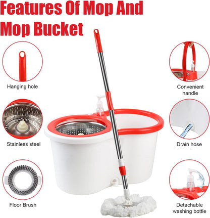 Spin Mop and Bucket with Wringer Set, 360° Spinning Mop Bucket System with 3 Microfiber Mop Replacement Heads and 50" Stainless Steel Adjustable Handle for Floor Cleaning