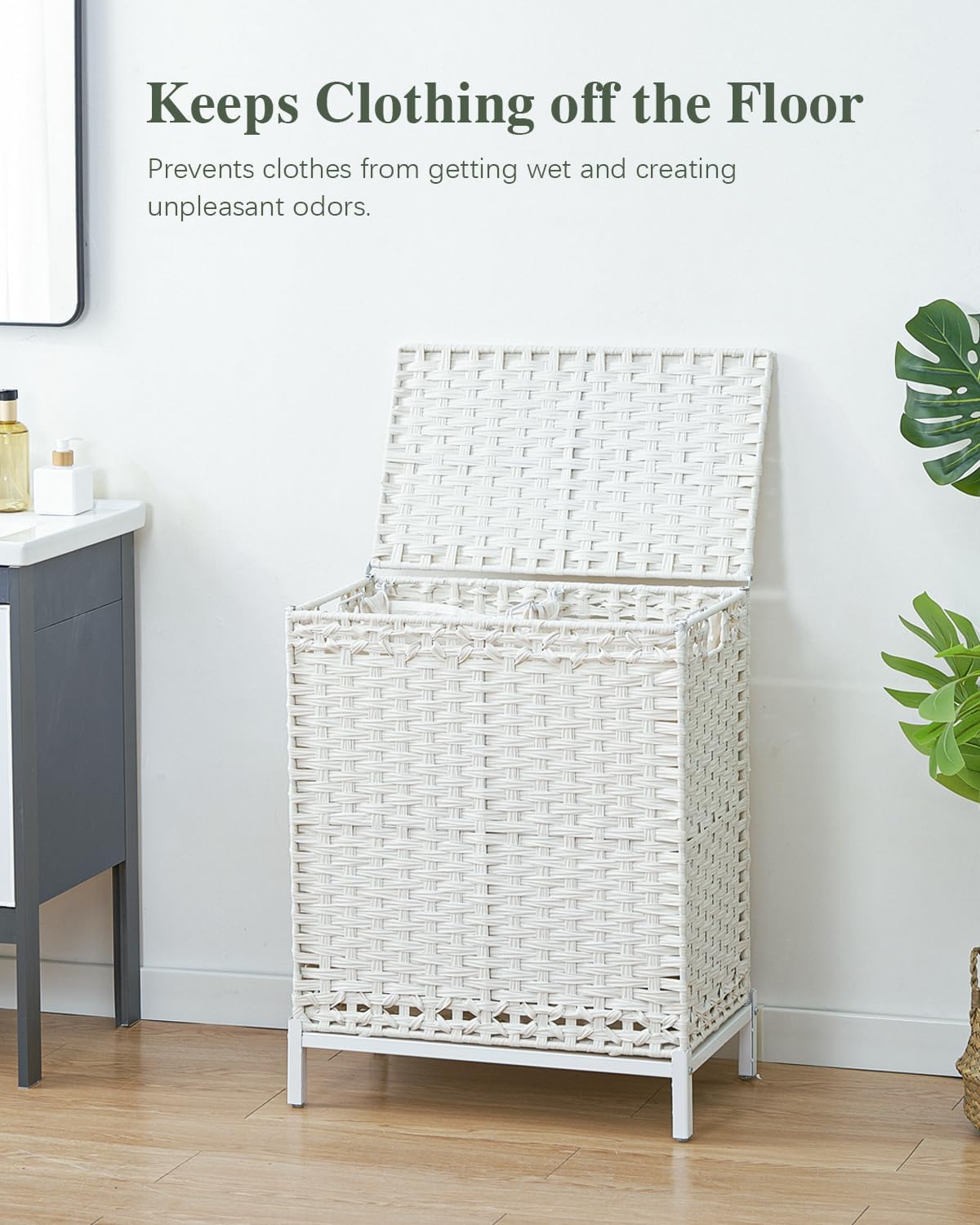 SETVSON Laundry Hamper with Lid 132 L, (35 Gallons) Clothes Hamper with Lid, Handwoven Rattan Laundry Hamper with Metal Heightened Feet, Laundry Hampers with 3 Removable Liner Bags for Laundry-Natural