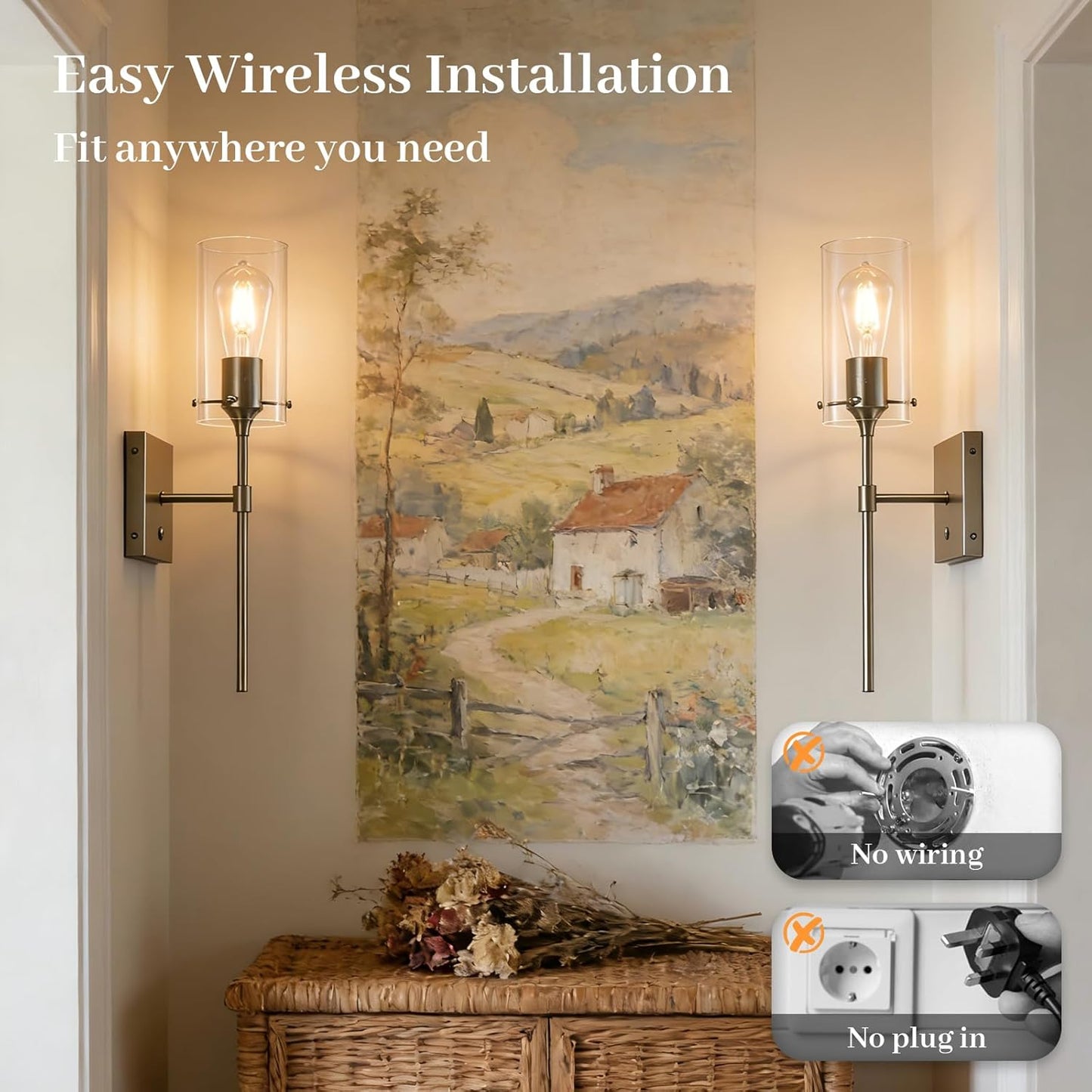 Wireless Wall Sconces with Remote Control, Black Battery Operated Wall Sconces Set of 2, Rechargeable Dimmable Wall Light for Bedroom Living Room Bathroom Hallway Entryway Stairwell,3 Colors