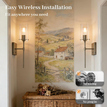 Wireless Wall Sconces with Remote Control, Black Battery Operated Wall Sconces Set of 2, Rechargeable Dimmable Wall Light for Bedroom Living Room Bathroom Hallway Entryway Stairwell,3 Colors
