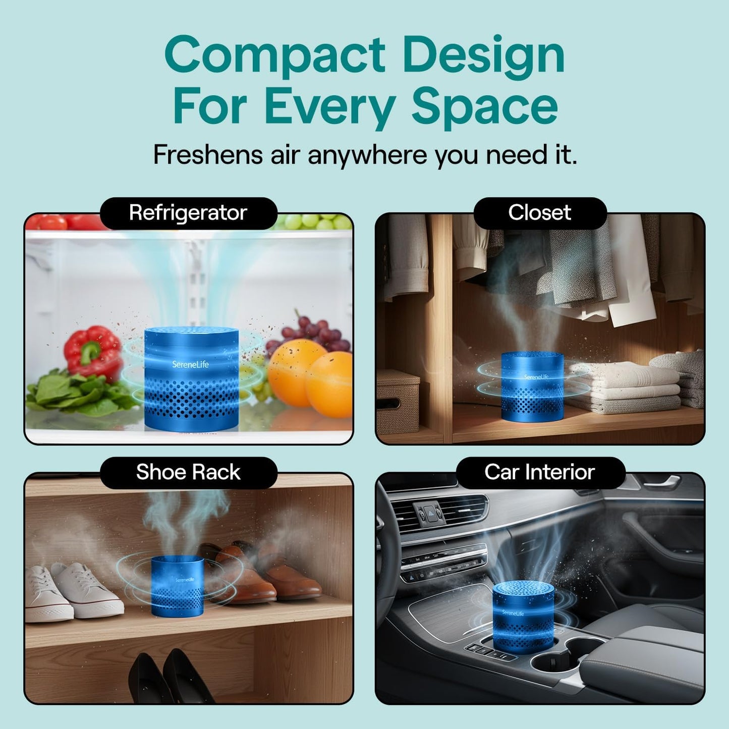 SereneLife Fridge Deodorizer & Odor Eliminator, Multi-Use Refrigerator Deodorizer Aluminum Pod for Freezer, Closet, Car, Shoes & Enclosed Spaces, Compact, Reusable & Lasts Up to 10 Years (Gray)
