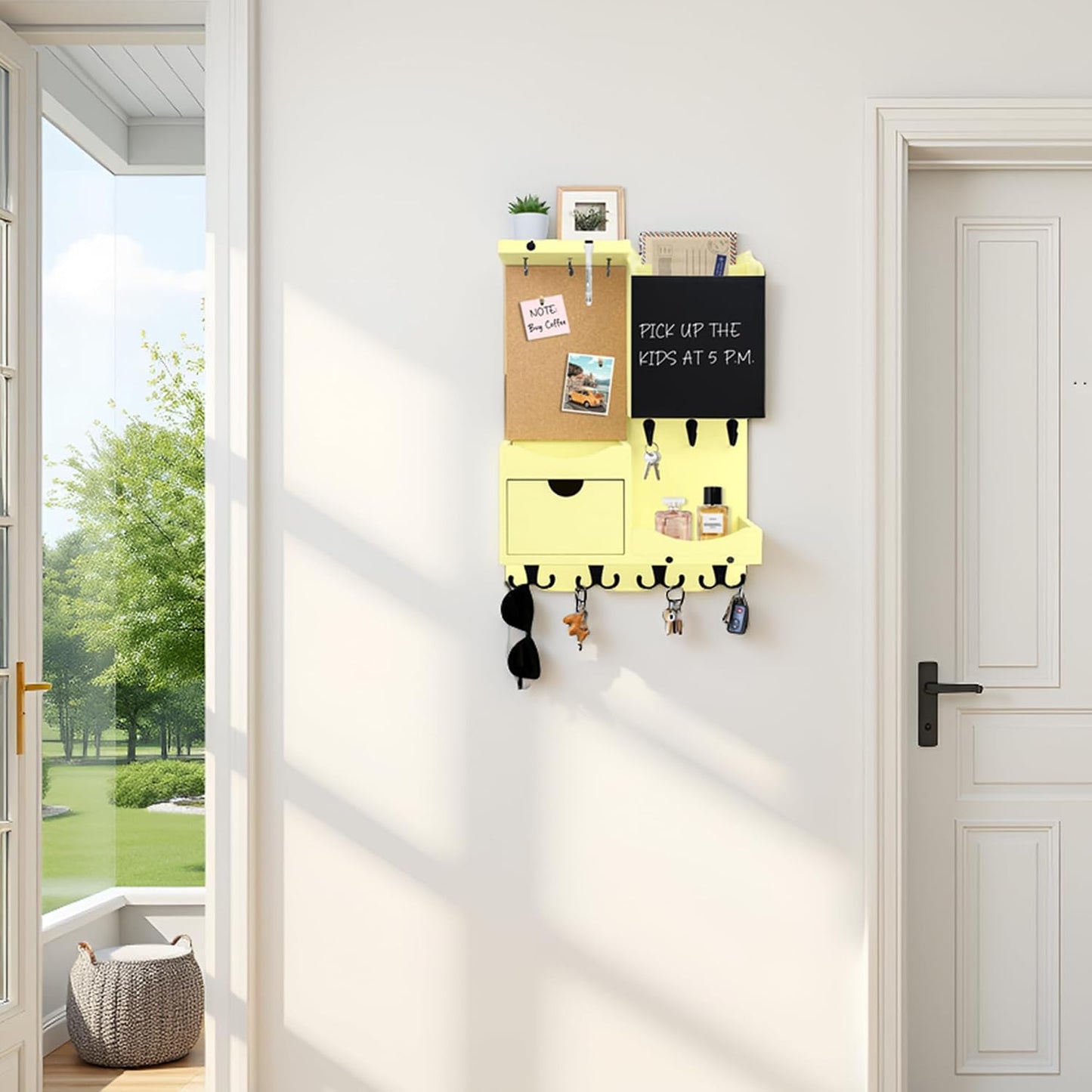 Key Holder for Wall Mount with Shelf and Mail Organizer, Key and Mail Holder with 16 Hooks, Farmhouse Entryway Organizer, Home Decor Rack (Pine Wood, Black)