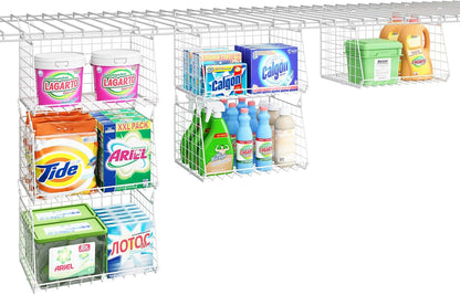 4-Tier Hanging Laundry Room Organizer: Foldable Wire Shelf Basket with 2 Large Hooks 1.65" & 360°Rotating Hooks – Space-Saving Laundry Storage Basket, for Wardrobe Closet Storage, White Patent