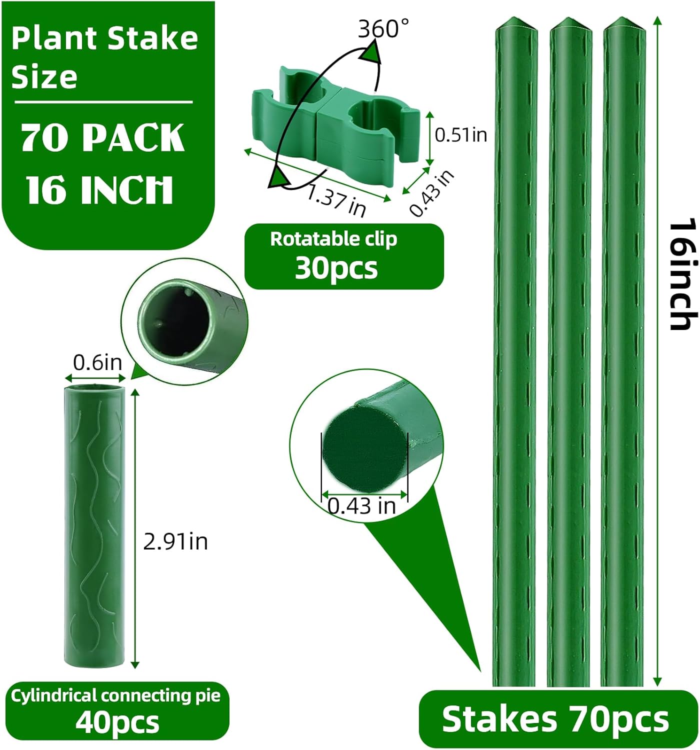 Fabulas Garden Stakes 16 Inch 30 Pack, Diy 4ft 5ft 6ft 7ft 8ft Tomato Stakes Plastic Coated Metal Plant Sticks Stakes Supports with 20 Connectors 15 Rotatable Clips for Indoor Outdoor Plants Vegetable