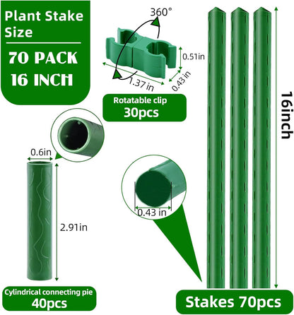 Fabulas Garden Stakes 16 Inch 30 Pack, Diy 4ft 5ft 6ft 7ft 8ft Tomato Stakes Plastic Coated Metal Plant Sticks Stakes Supports with 20 Connectors 15 Rotatable Clips for Indoor Outdoor Plants Vegetable