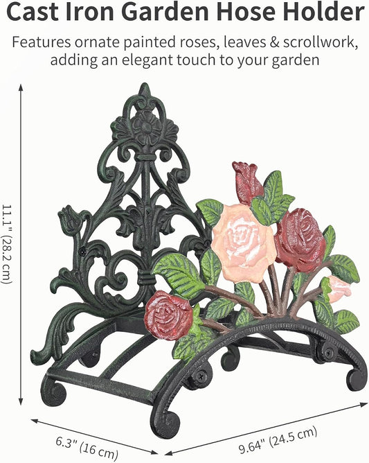 Cast Iron Garden Hose Holder Wall Mount, Rustic Heavy Duty Water Hose Hanger Storage Rack, Decorative Vintage Hose Reel Organizer for Outside Garden Yard Patio, Painted Rose Design