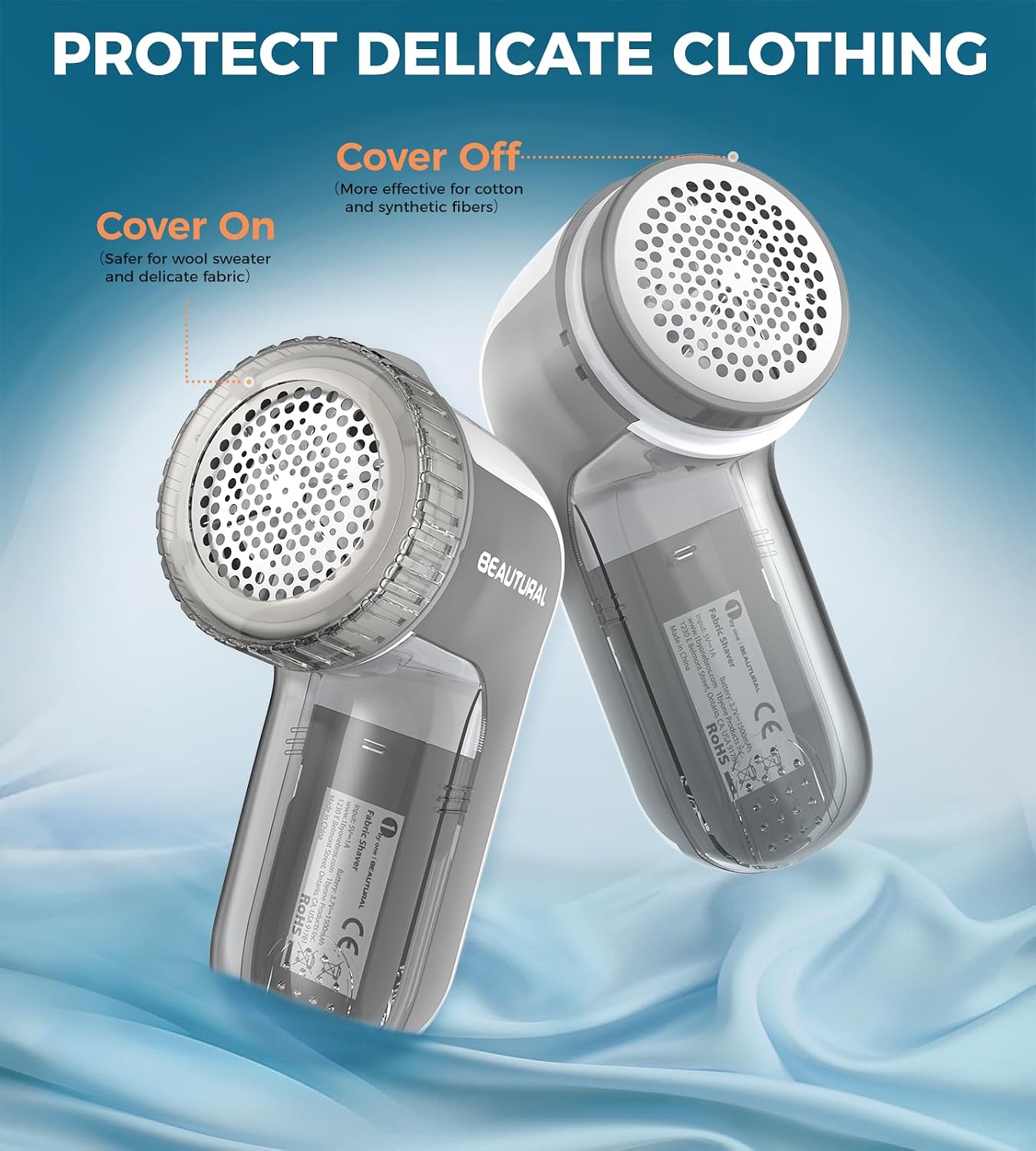 BEAUTURAL Fabric Shaver and Lint Remover, Sweater Defuzzer with 2-Speeds, 2 Replaceable Stainless Steel Blades, Battery Operated, Remove Clothes Fuzz, Lint Balls, Pills, Bobbles Gray