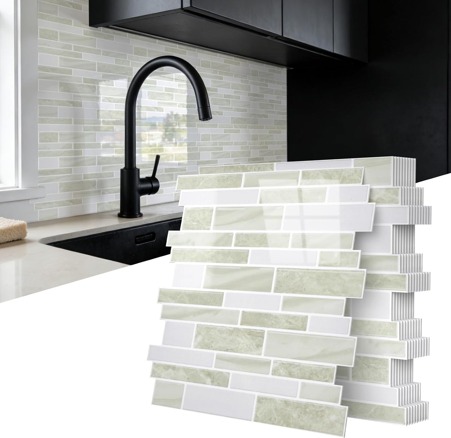 Vieshful 10 Sheet Peel and Stick Backsplash for Kitchen Wall - 12"x12" Smooth PVC 3D Visual Effect Marble Tile Stickers, Waterproof Self Adhesive Light Khaki Wall Tiles for Bathroom, Renter Friendly