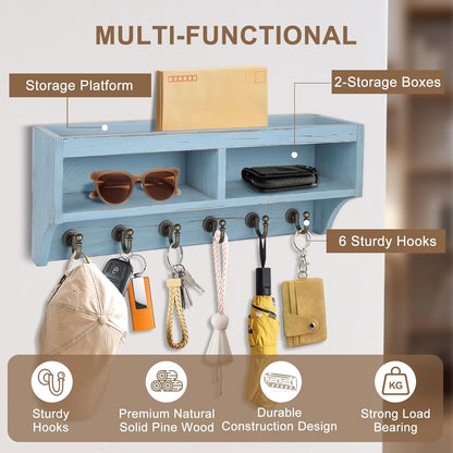 Key Holder Wall Mount - Mail Organizer Wall Mount with 6 Key Hooks and Storage Box for Sunglasses Storage and Dog Leash Holder Home Decor Rack Apartment Farmhouse Shelf Entryway Organizer (Black)