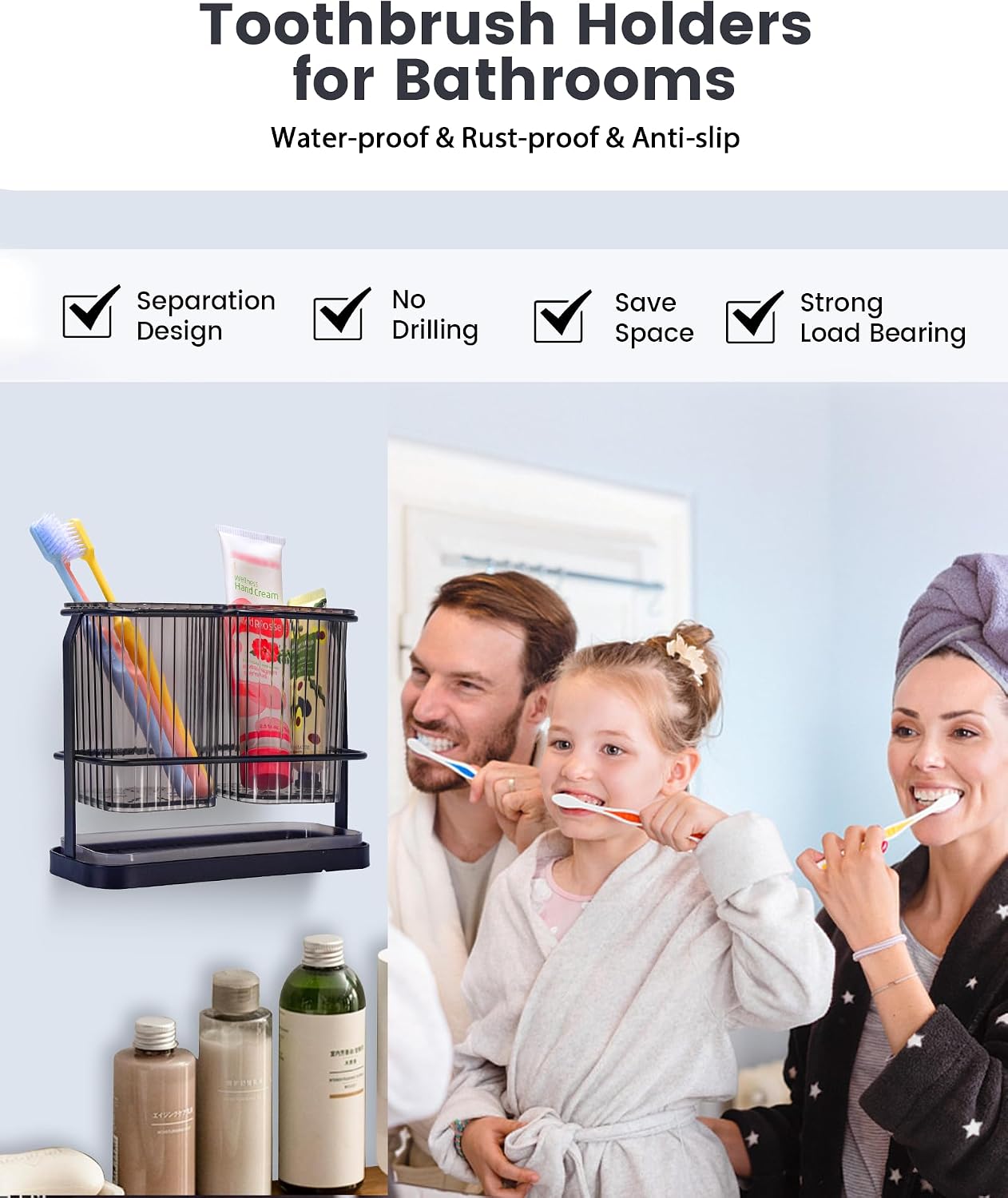 KONE Green Toothbrush Holders for Bathrooms, 2 Cups Toothbrush Holders Wall Mounted, Dry & Wet Separation, Bathroom Organizers and Storage, Bathroom Toothbrush Holder Set for Family Kids