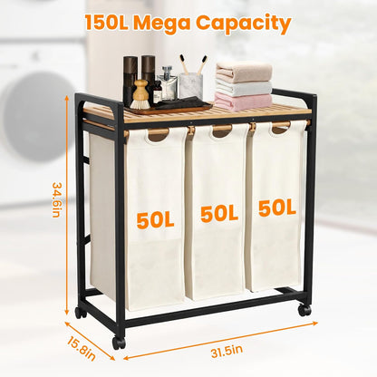 Bamboo Laundry Hamper 3 Section with Lid, 150L Laundry Sorter with Lockable Wheels, Pull-Out Removable Washable Bags, 3 × 12.5 Gal Divided Laundry Baskets for Laundry Room, Bathroom (White)