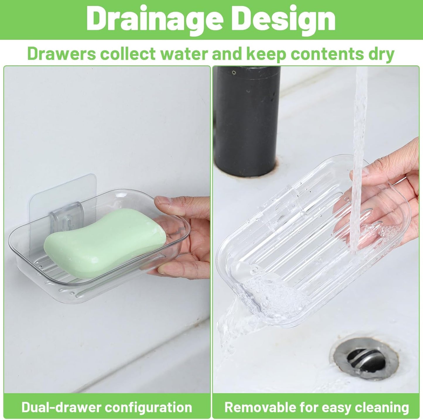Bar Soap Dish for Shower Clear Soap Holder with Self-Draining Design, Wall Mounted Soaps Saver No Drilling with Strong Adhesive Clear Plastic Sponge Bar Soaps Saver for Bathroom Bathtub Kitchen Sink