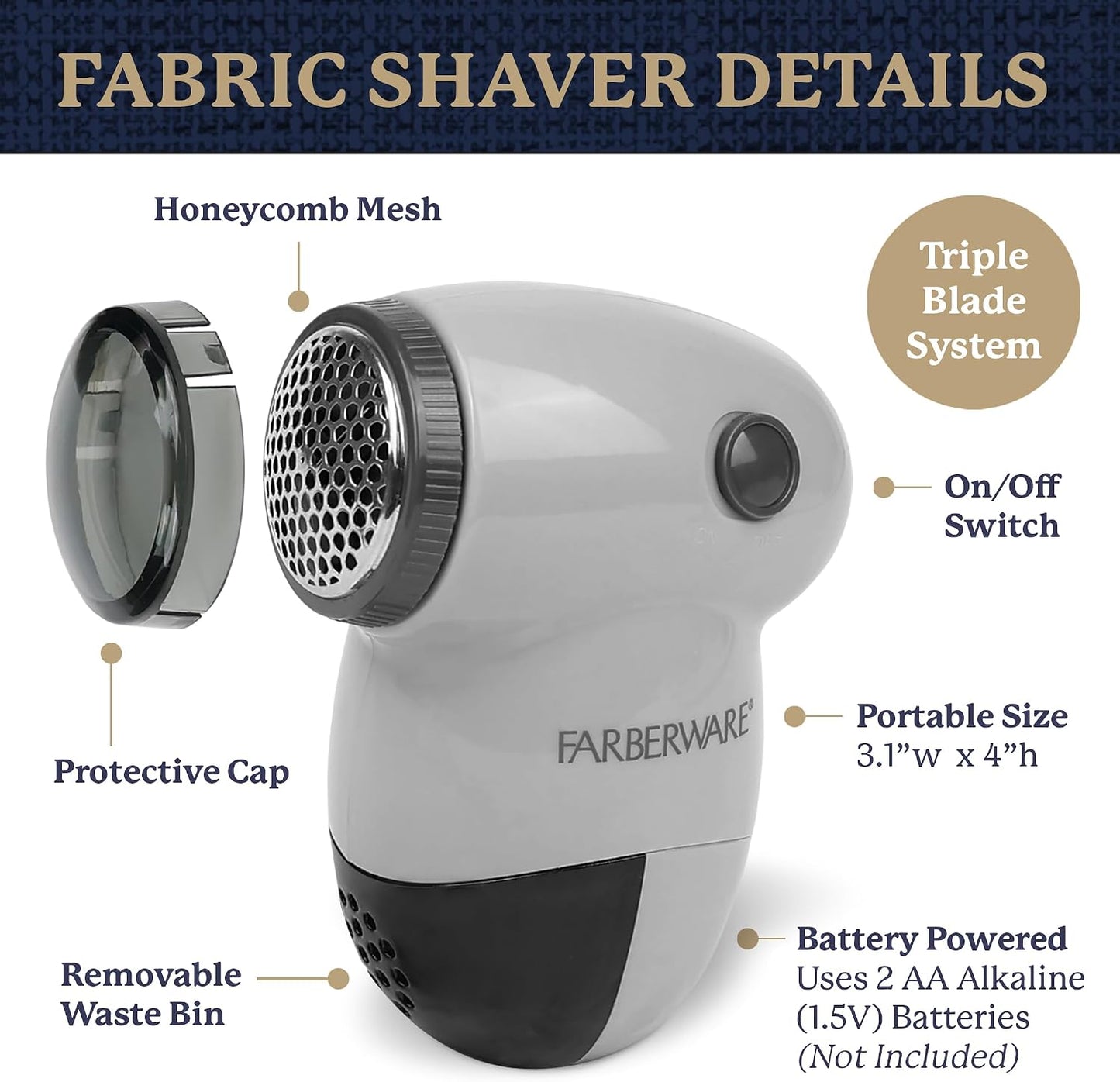 Farberware Fabric Shaver & Lint Remover for Clothes – Battery Operated Lint Shaver with Triple Blades, Sweater Shaver to Remove Pilling for Clothing, Couch, Furniture, Fuzz, Lint Balls