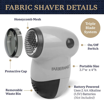 Farberware Fabric Shaver & Lint Remover for Clothes – Battery Operated Lint Shaver with Triple Blades, Sweater Shaver to Remove Pilling for Clothing, Couch, Furniture, Fuzz, Lint Balls