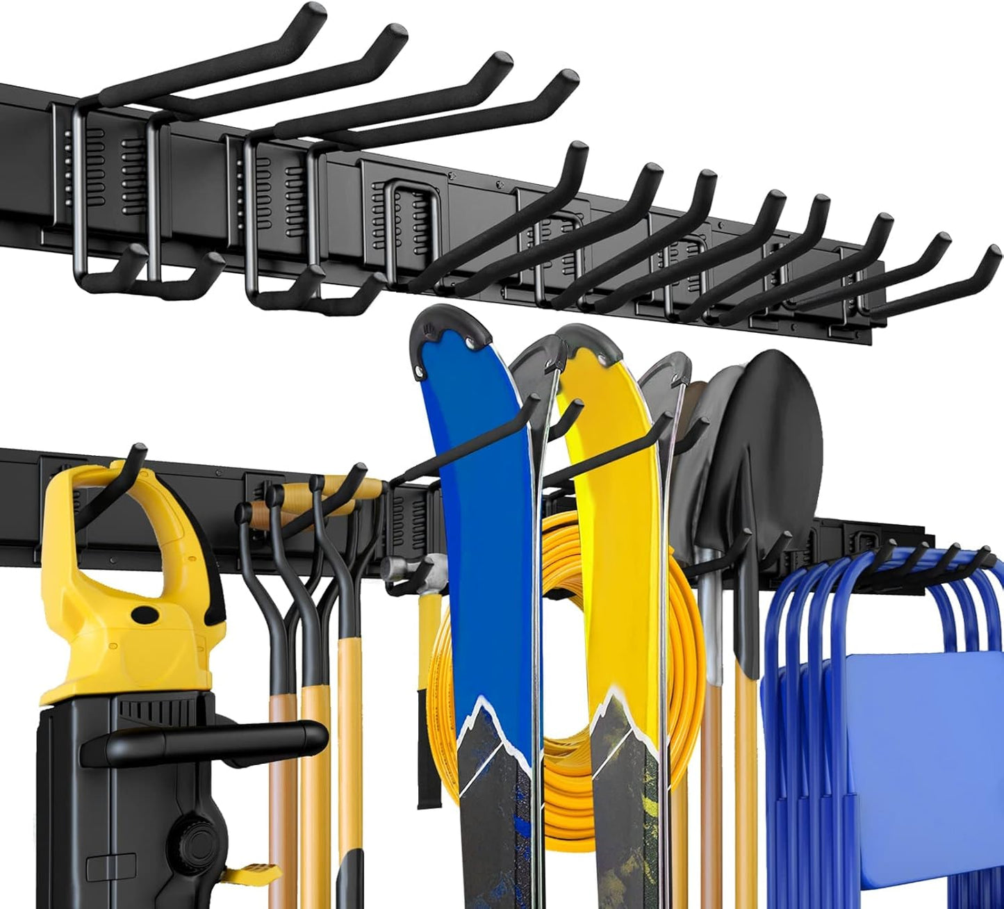 64 Inches Garage Storage, UUP Garage Organization Wall Mount Garden Tool Organizer, 620lbs Adjustable Metal Hooks, Yard Shed Rail Rack, Lawn Tool Holder for Hanging Rake Broom Mop Snowboard, Home Gift