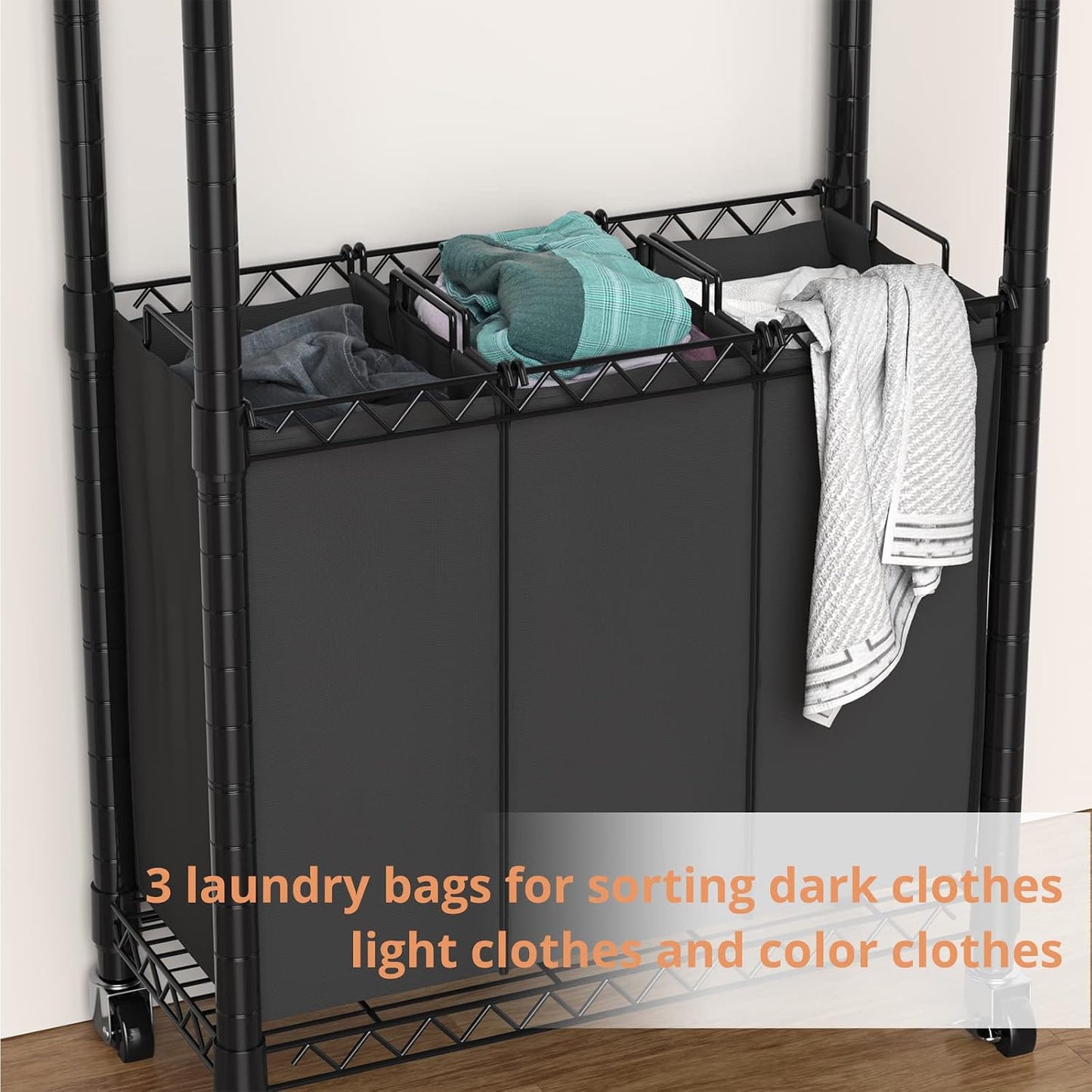 Hodonas Rolling Laundry Basket Organizer with Wheels and Hanging Bar, Laundry Hamper Cart Laundry Sorter 3 Section, Dirty Clothes Hampers for Laundry Bedroom Bathroom w/ 3 Removable Bags, Black