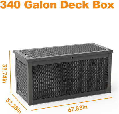 ROJIK 340 Gallon Deck Box Outdoor Waterproof,Weatherproof Outdoor Storage Boxes Lockable with Lid,Outside Resin Storage Bench for Patio Cushions,Garden Tools and Pool Accessories(Black)