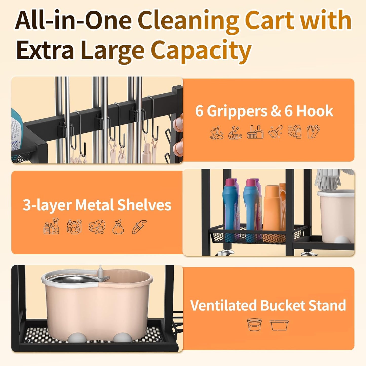Broom Holder with Cleaning Supplies Organizer Load 160 LBS Cleaning Cart with Wheels Broom Closet Storage with 6 Mop Hanger Grippers, 3 Double-Hooks, Vacuum Stand for Laundry Garage Organization