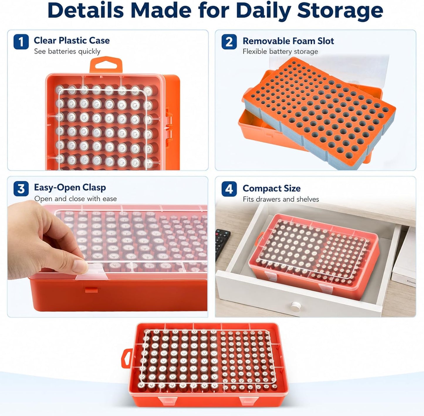 Xuerdon Battery Organizer Case with BT168 Tester 120+ Batteries Storage Box | Clear Plastic Battery Box Holds 49AA 51AAA 10CR2032 10CR1632 Batteries, Wall Mount Drawer Organizer Batteries not Included