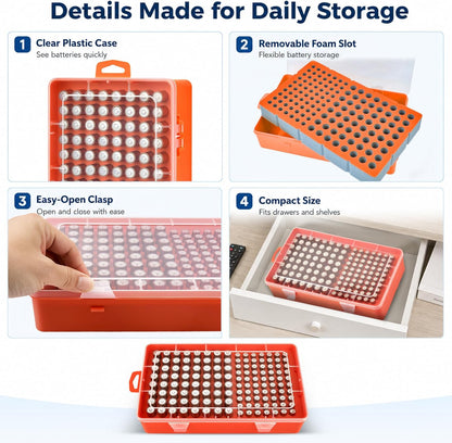 Xuerdon Battery Organizer Case with BT168 Tester 120+ Batteries Storage Box | Clear Plastic Battery Box Holds 49AA 51AAA 10CR2032 10CR1632 Batteries, Wall Mount Drawer Organizer Batteries not Included