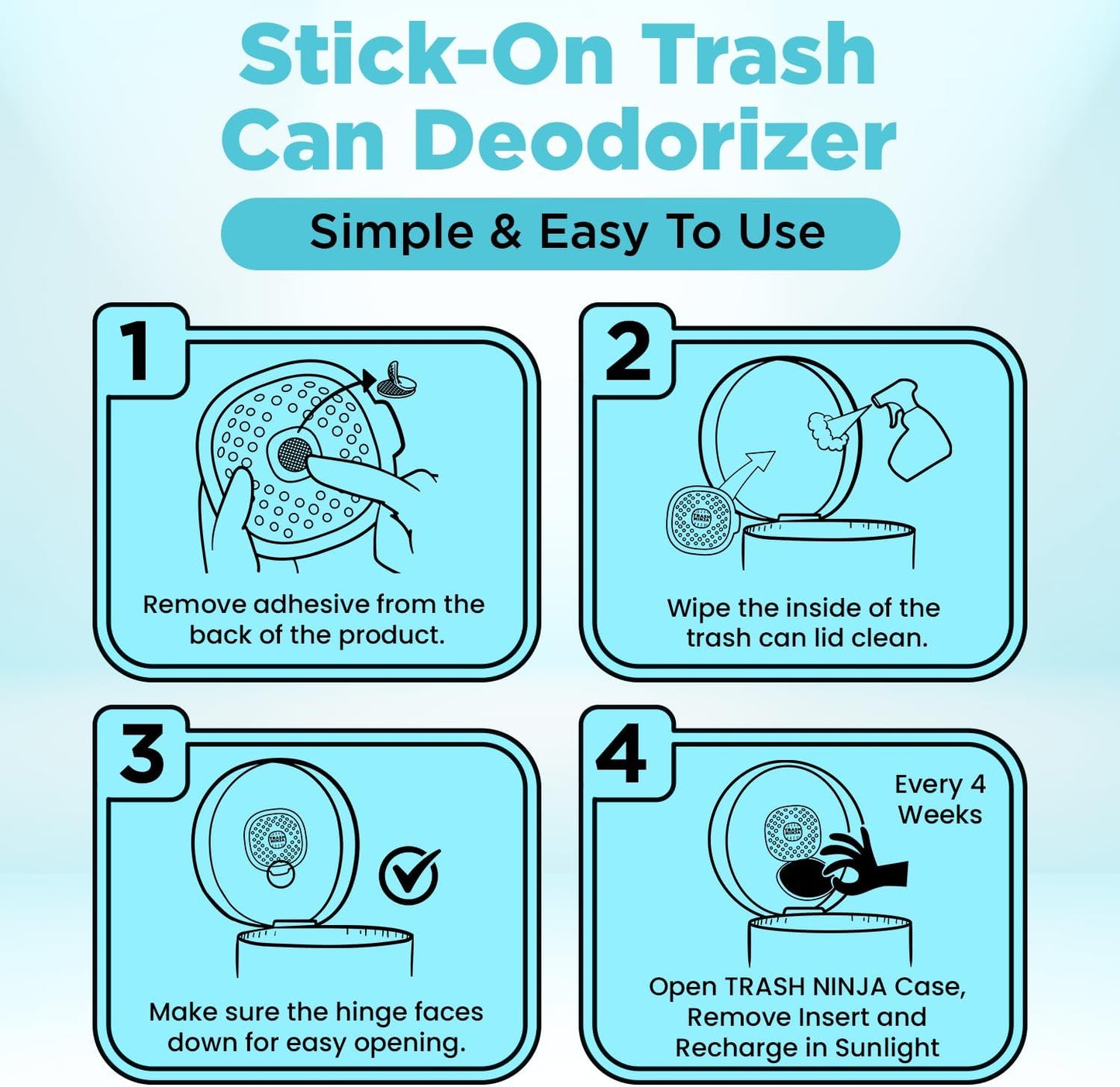 Trash Ninja Trash Odor Eliminator – Long-Lasting Citrus Scent Deodorizer with Activated Charcoal, Stick-On Freshener for Garbage Can, Fridge, Bathroom, Kitchen, and Diaper Pail Odors