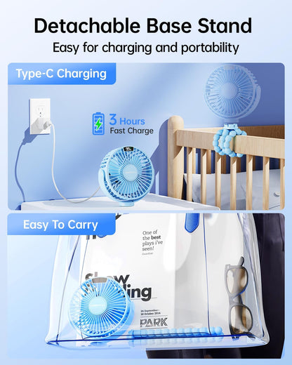 SWEETFULL [2026 Upgrade Portable Stroller Fan with LED Display, 4 Speed Rechargeable Mini Clip On Fan, 360° Rotate Flexible Tripod Better Cooling Small Baby Fan for Car Seat Crib Travel Treadmill