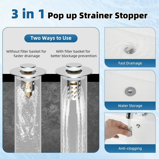iFealClear 2 Pack All Metal Bathroom Sink Stopper, Pop Up Sink Drain Strainer with Removable Stainless Steel Filter Basket, Universal for 1.1"-2.36" Sink, Brass Bounce Core, Hair Catcher, Chrome