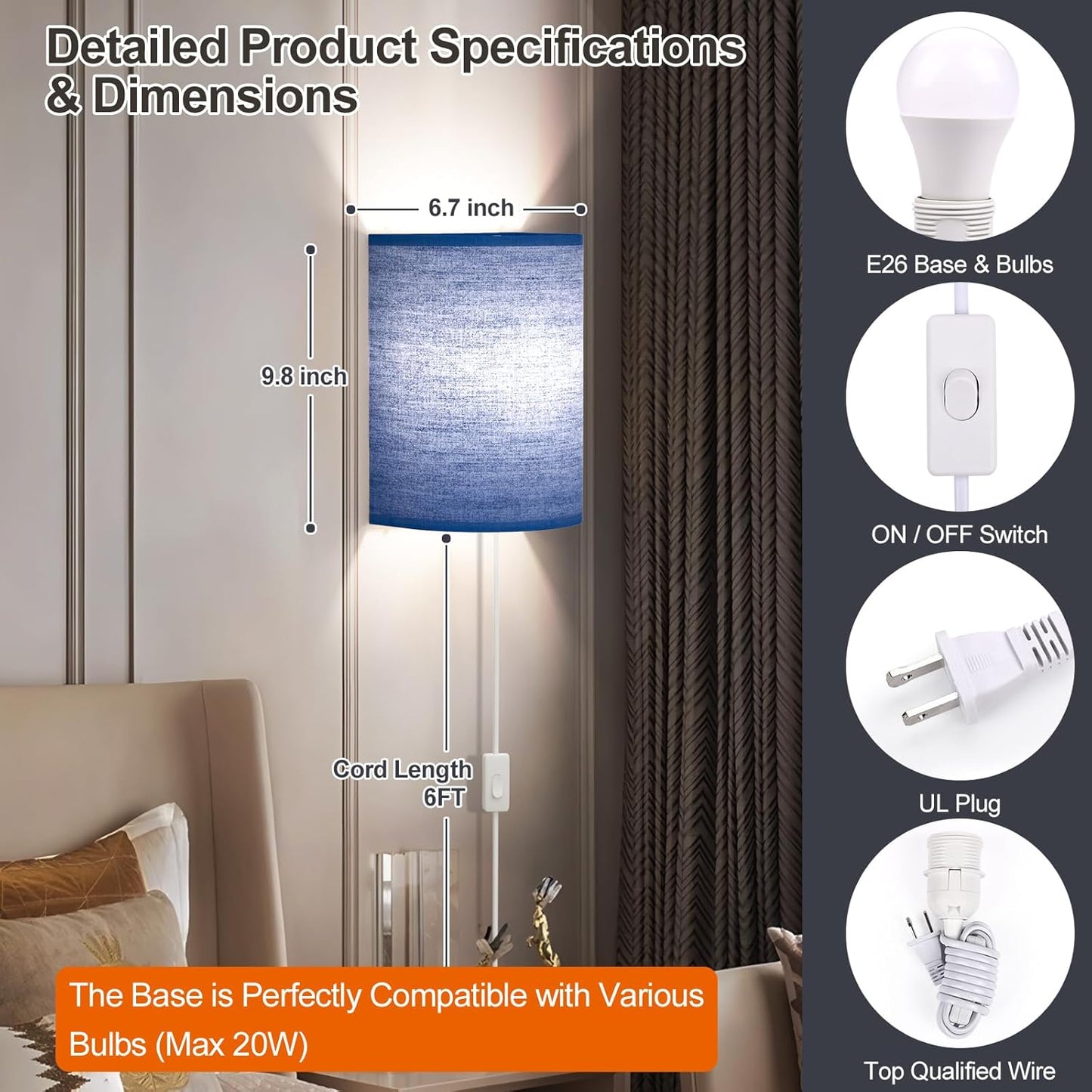 Battery Operated Wall Sconce Set of Two: 10000mAh Wireless Wall Light with Rechargeable Magnetic Bulb - Dimmable Wall Lamp with 7 RGB Colors - Linen Shade Sconces with Remote for Bedroom Living Room