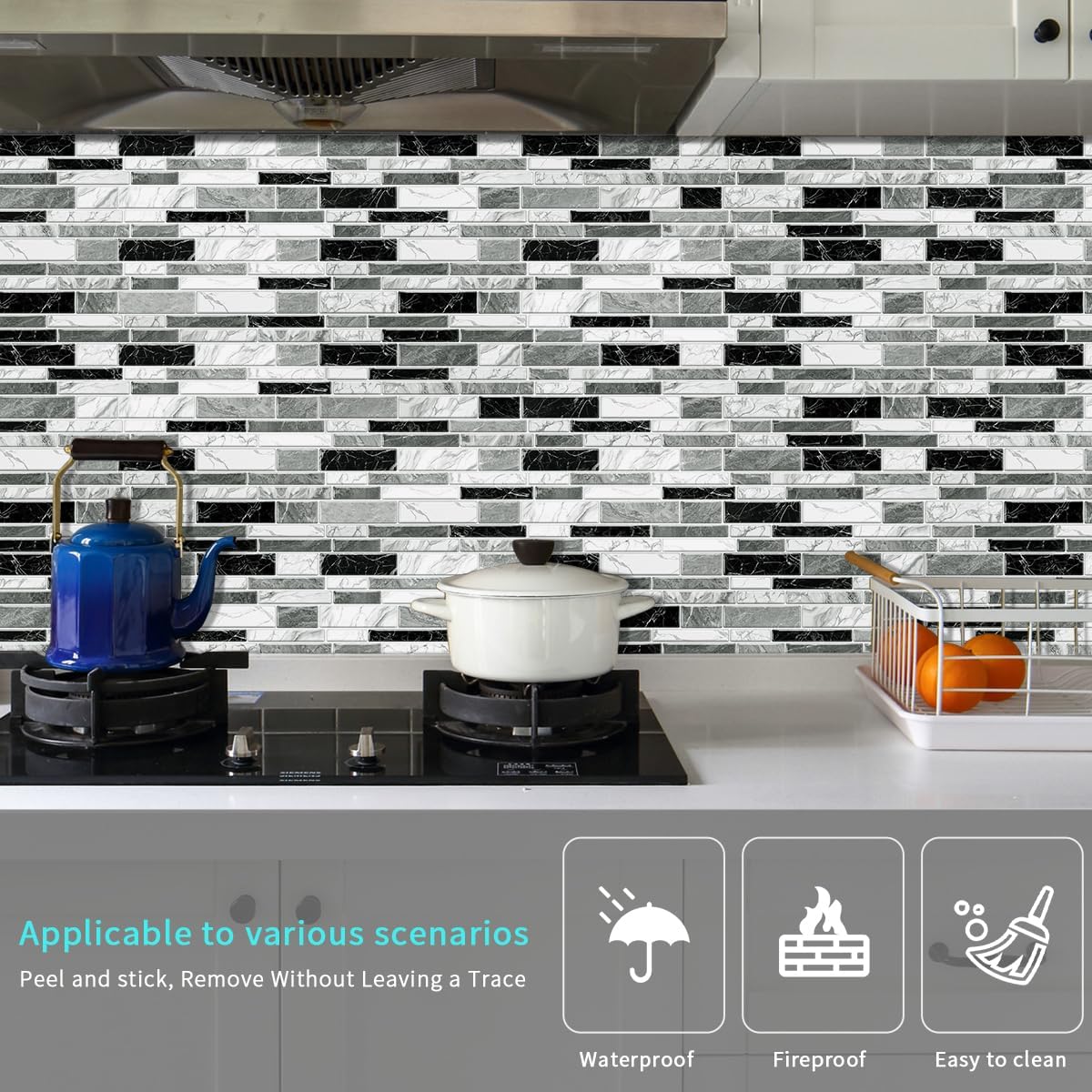 36 Sheets of Self Adhesive Marble Tile Wall Tiles Vinyl Sticker | 9.68 x 4.72in Water Resistant, Easy to Stick and Peel off, Suitable for DIY Decoration on Ceilings and Walls (Black)